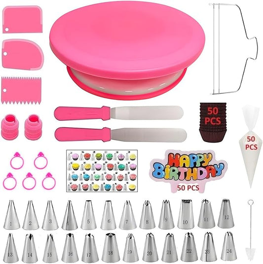 190 Pcs Cake Decorating Kit with Cake Turntable,Cake Leveler,24 Numbered Icing Piping Tips,2 Spatulas,3 Comb Scrapers,2 Couplers,5 Bag Ties,50 Pastry Bags,50 Cupcake Liners,50 Cake Flags
