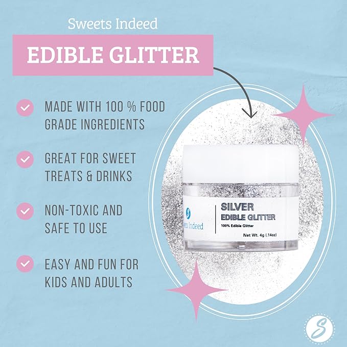 Sweets Indeed, Edible Glitter, Perfect for Drinks, Cocktails, Beverages & Cake Decorating, Dessert Cake Topper, Gift, 4 grams (Silver Edible Glitter)