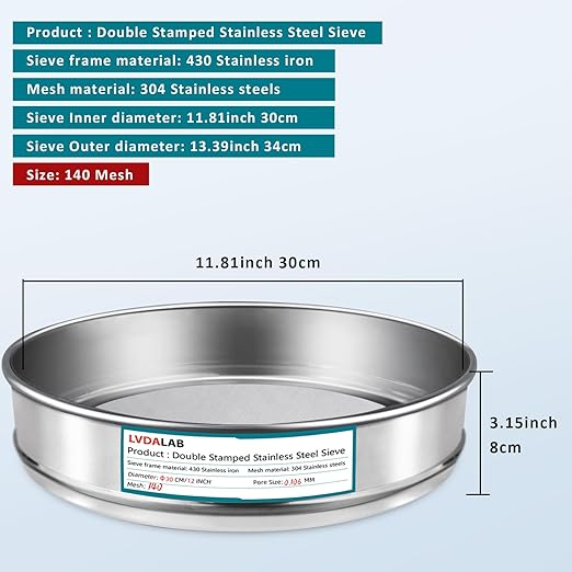 304 Stainless Steel Lab Sieve Screen Mesh, 140 Mesh (0.106mm) Aperture Test Sieve, 12Inch(30cm) Diameter Economy Standard Analysis Sample Test Sieves for Industrial Laboratory Homes