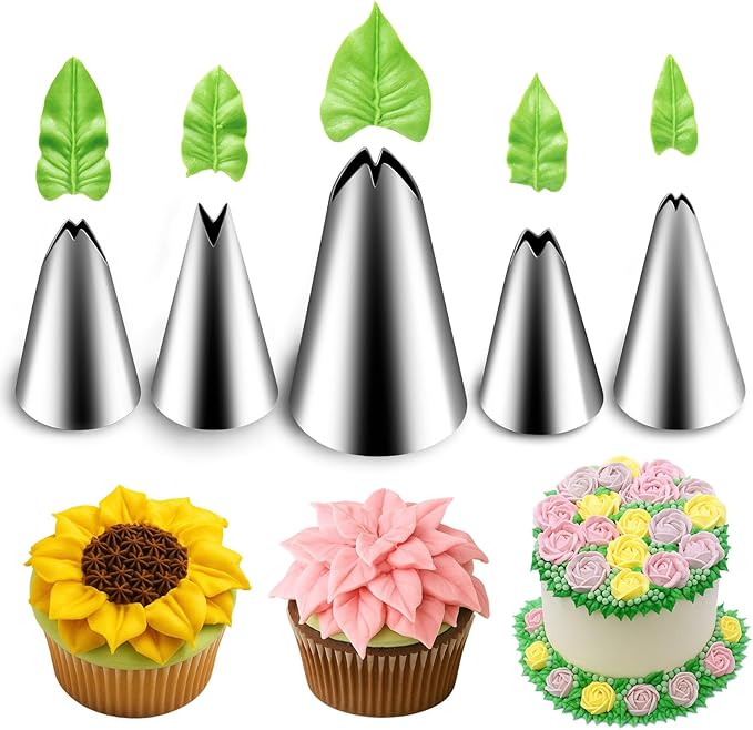 Suuker 5 Pieces Leaf Piping Tips,Stainless Steel Cake Decorating Tips, Frosting Icing Tips for Cupcakes, Cake, Cookie and Decorating（67 68 70 352 113）