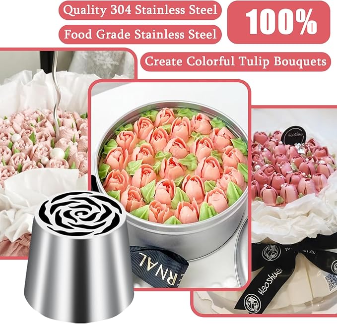 Extra Large Russian Piping Tip Stainless Steel Rose Floral Piping Nozzle Icing Piping Kit for Cake Decorating Flower Frosting Piping Pastry Cupcakes Cakes Cookies Desserts Baking Tool