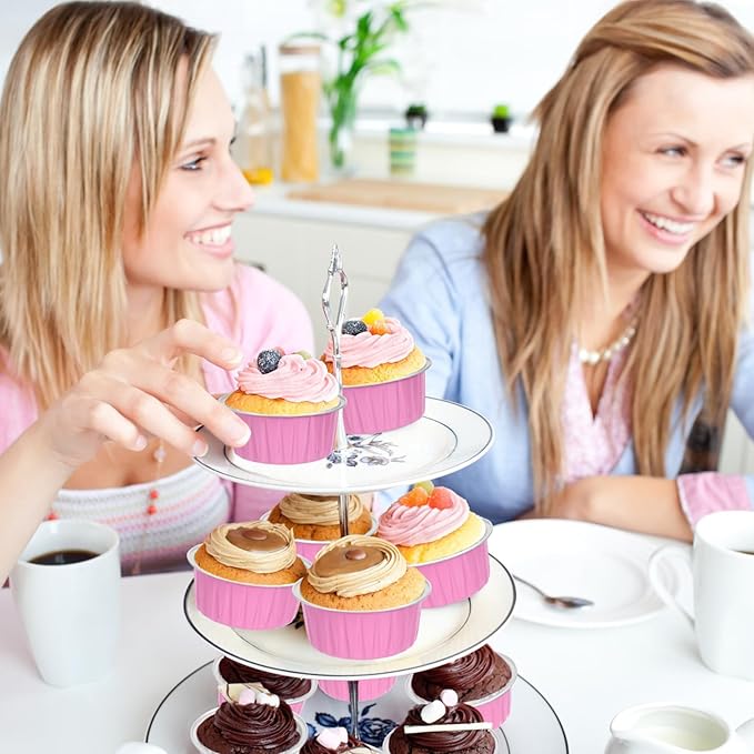 Mini Cake Pans with Lids and Spoons (100 Pack,Pink,5oz) Round Disposable Ramekins - Sturdy Aluminum Foil Cupcake Liners with Lids for Dessert and Party