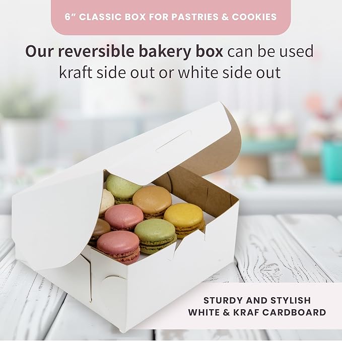 FC Meyer Bakery Boxes - Reversible 6” Classic Box For Pastries & Cookies, Secure Your Bakery Box With Special Side Panel Clips & A Front Tuck Lock, Made In USA, Size 6 x 6 x 3 (Pack of 50)