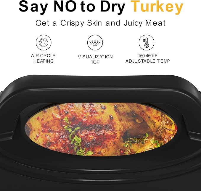 Roaster Oven 26Qt,1450W Electric Turkey Roaster Oven Buffet with Self-Basting Lid, Removable Pan and Rack, Cool-Touch Handles, Stainless Steel, Black