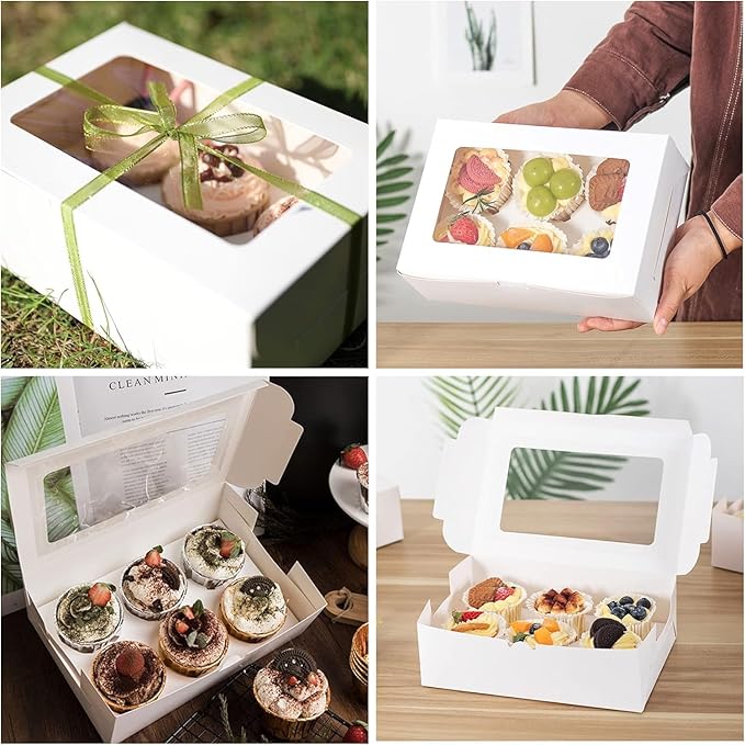 RHBLME 50 Pack Cupcake Boxes 6 Count, 9.3x6.2x2.9 Inch Cupcake Box Half Dozen Cupcake Boxes White Cupcake Containers with Clear Window, 6 Cupcake Box for Cupcakes Muffins Cookies Pastries