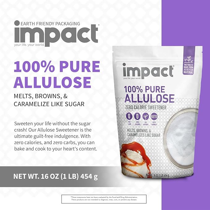 Impact - Pure Allulose Sweetener Sugar Substitute - Zero Calorie Blend, Low-Carb, For Coffee, Tea, Baking, Guilt-Free Indulgence - 1lb (Pack of 2)