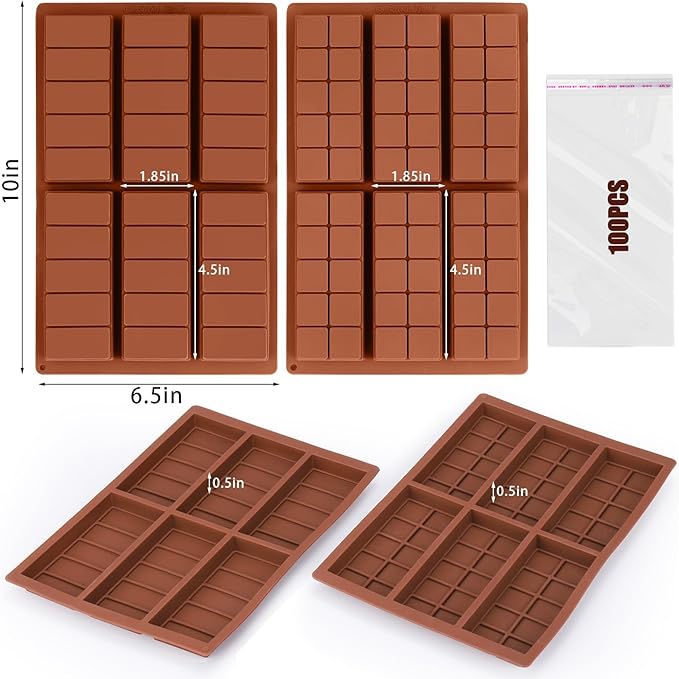 Palksky Chocolate Bar Mold Deep, 2PCS Silicone Chocolate Molds Thick for Stuffed Knafeh Pistachio, Dubai Chocolate Bar Pistachio Mold, Chocolate Making Supplies with 100PCS Bags