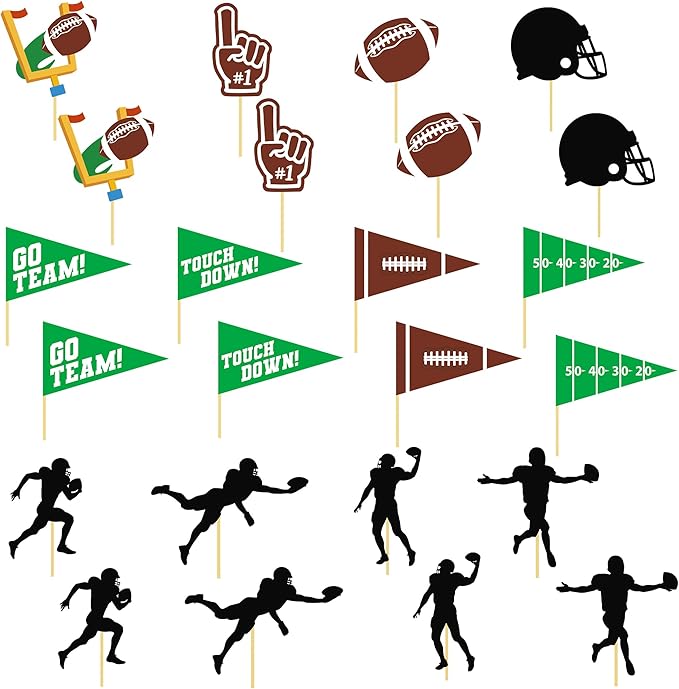 24 Pcs Football Cupcake Toppers, Disposable Foot Ball Themed Toothpicks, Touchdown Players Flagship Cake Toppers, Football Party Decorations for Sports Theme Baby Shower Birthday Party Supplies