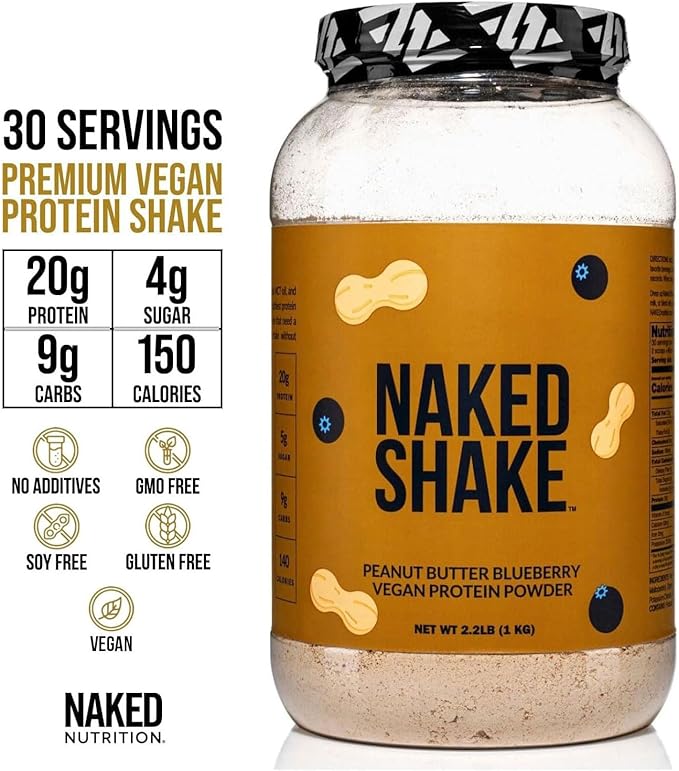 Naked Shake - Peanut Butter Blueberry Protein Powder, Plant Based Protein with Mct Oil, Gluten-Free, Soy-Free, No Gmos Or Artificial Sweeteners - 30 Servings