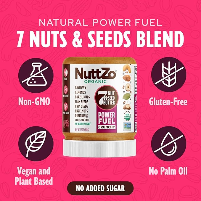 NuttZo Organic Power Fuel 7 Nuts and Seeds Butter, Crunchy, Paleo and Keto Friendly, Peanut and Gluten Free, Vegan, Kosher, No Added Sugar or Oil, 12 oz Jar