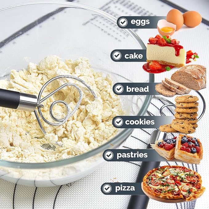 Guowall Stainless Steel Dough Whisk for Dutch Bread with Rubber Anti-slip Handle Manual Dough Mixer Pastry Blender Whisking Tools for Baking - 12 inch