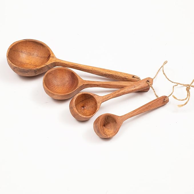 4 Piece Wooden Flatware Set - Handcrafted Wooden Measuring Spoons for Kitchen Utensils, Baking, Cooking, Spice Measuring - Durable Rustic Tools for Home, Chef, Restaurant (Brown) - ALPHA Living HOME