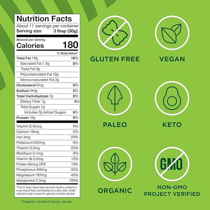 Manitoba Harvest Organic Hemp Seeds, 18oz, 10g Plant Based Protein and 12g Omega 3 & 6 per Srv, smoothies, yogurt & salad, Non-GMO, Vegan, Keto, Paleo, Gluten Free