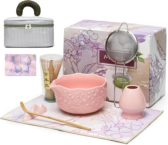 Matcha Whisk Set 9 Pcs – Matcha Bowl, Whisk, Sifter, Spoon, Gift Card ane Portable Carry Bag for Latte Travel,Gift for Matcha Lovers (Pink)