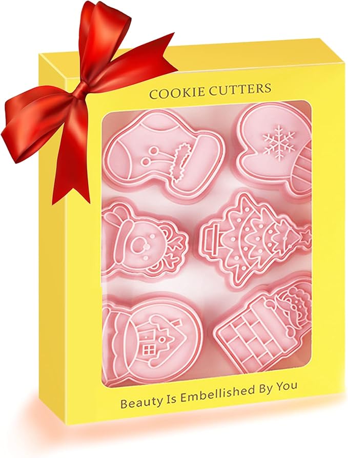 Novel Christmas Cookie Cutters and Stamper, Xmas Tree, Glove, Reindeer, Santa, Sock, House 3D Cookie Cutters Set for Christmas Baking (Pack of 12)