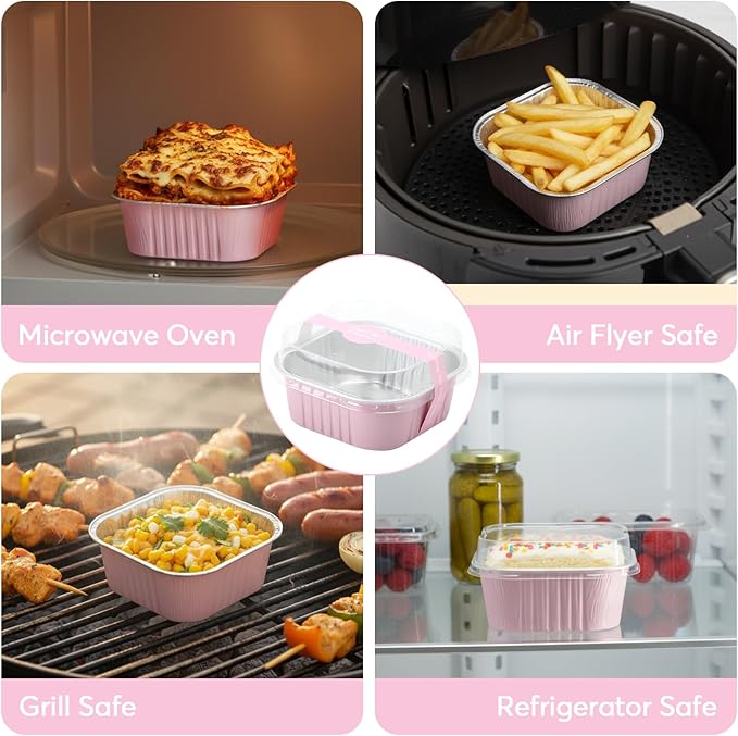 Ruckae 10oz 100 Pcs Square Mini Loaf Pans with Lids-Disposable Foil Dessert Containers,Mini Cake Pans with Lids,Aluminum Dessert Cups for Parties and Weddings (Pink, 10oz)