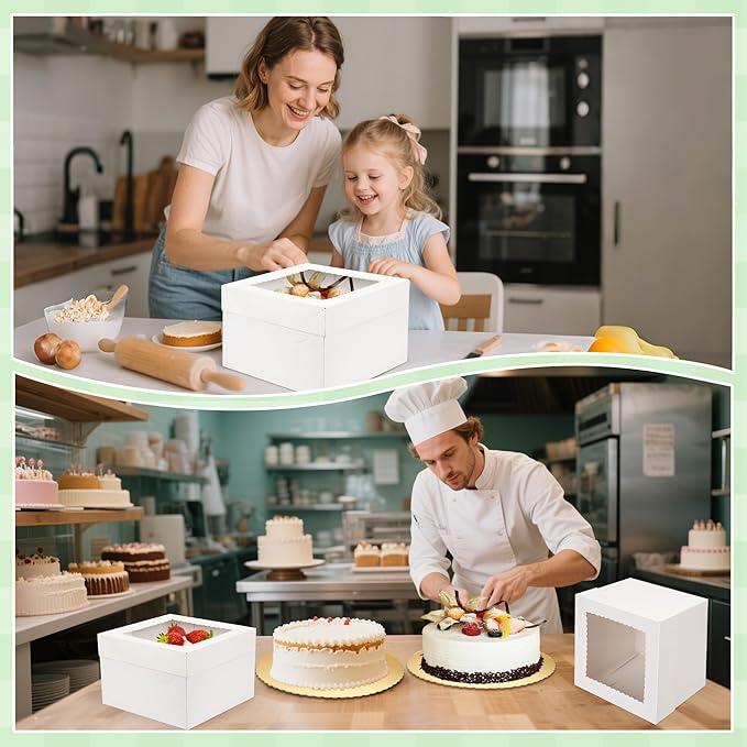 12pcs Cake Boxes, 12x12x8 Inches White Bakery Box with Window, Large Baking Boxes, Round Cardboard Cake Box for Cookies, Pastry, Cookies, Strawberries