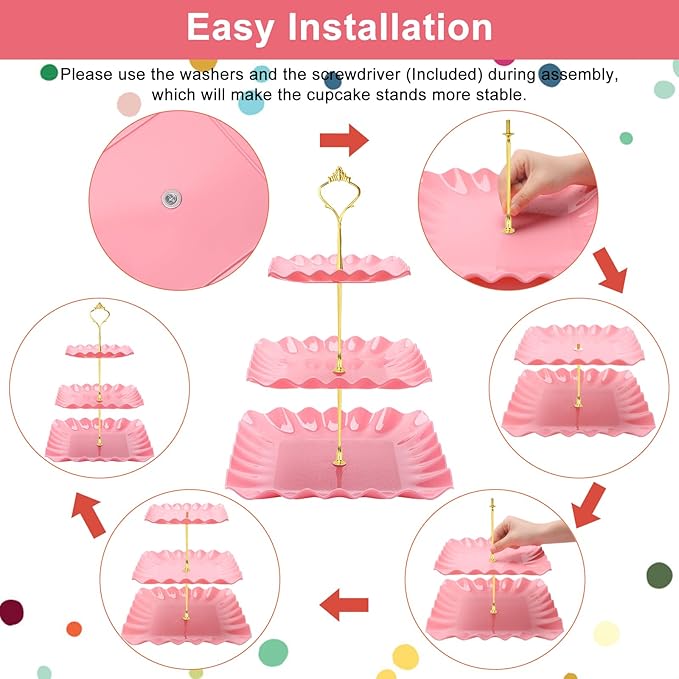 Coitak 8 Pieces Cupcake Stand Set, 2 PCS 3 Tier Cupcake Stands with 3 PCS Appetizer Trays, 3 PCS Serving Tongs, Dessert Tower Tray for Tea Party (Pink)