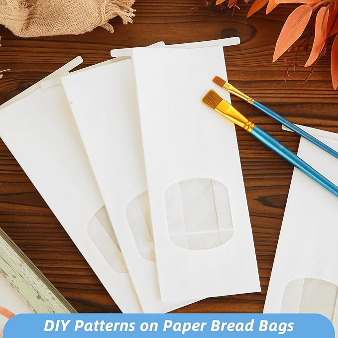 QTLCOHD 100Pcs Bakery Bags with Window 3.5 x 2.4 x 9.8 Inch White Paper Bread Bags Tin Tie Tab Lock Cookie Paper Treat Bag for Packaging Cookies Pastry Loaf Popcorn