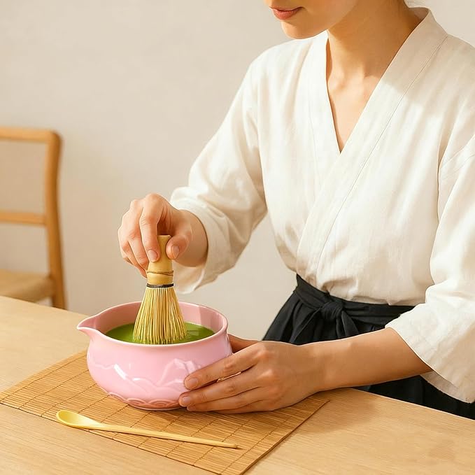 Matcha Whisk Set with Bowl, 8 Pcs Matcha Kit with Ceramic Holder, Scoop Holder, Sifter, Tea Towel, Greeting Card, Bamboo Whisk and Scoop, Pink Christmas Gift for Tea Lovers