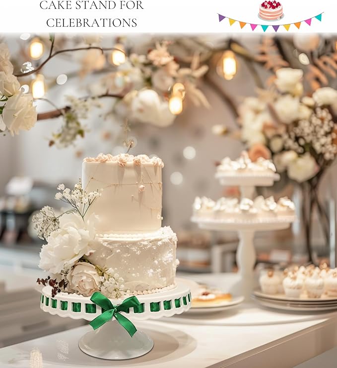 Ceramic Cake Stand, 12inch cake decoration supplies, Cake Pedestal Stand with 6 Ribbons, Cake Stands for Party or Birthday, White Cake Platter - Cake Display Stand for Wedding Reception, Pie Stand