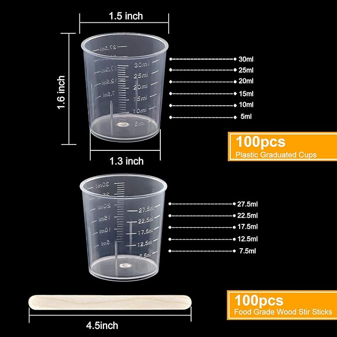 Coopay 100 Pack 30ml/1oz Plastic Graduated Cups Transparent Scale Cups Clear Epoxy Mixing Cylinder with 100 Pack Wooden Stirring Sticks for Resin, Epoxy, Stain, Mixing Paint