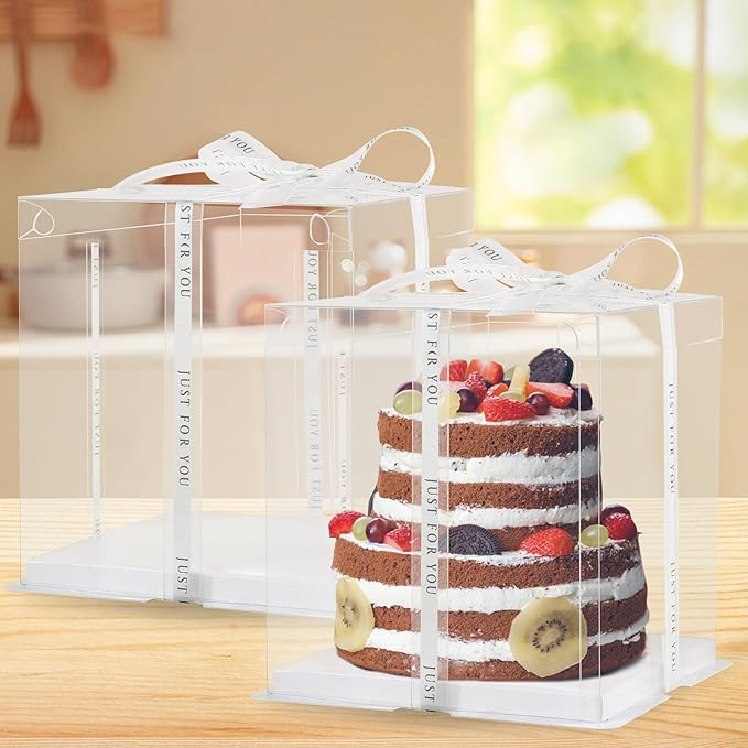 cake box-14 * 14 * 10inch/4pcs, Clear Display Gift Boxes with RibbonStackable Food Storage Containers for Pastry (Clear, 14 * 14 * 10inch/4pcs)
