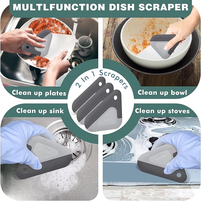 Food Scraper, 2-in-1 Pot and Pan Dish Scraper, Nylon and Silicone, Kitchen Scraper Tools for Cast Iron Skillets, Cookware, Dishes, Pans and Pots, Heat Resistant, Set of 3