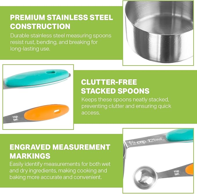 Measuring Spoons Set, Stainless Steel Measuring Spoons for Cooking and Baking, Heavy Duty Kitchen Gadgets for Easy Storage, Perfect Kitchen Utensils Gadgets (Set of 10)