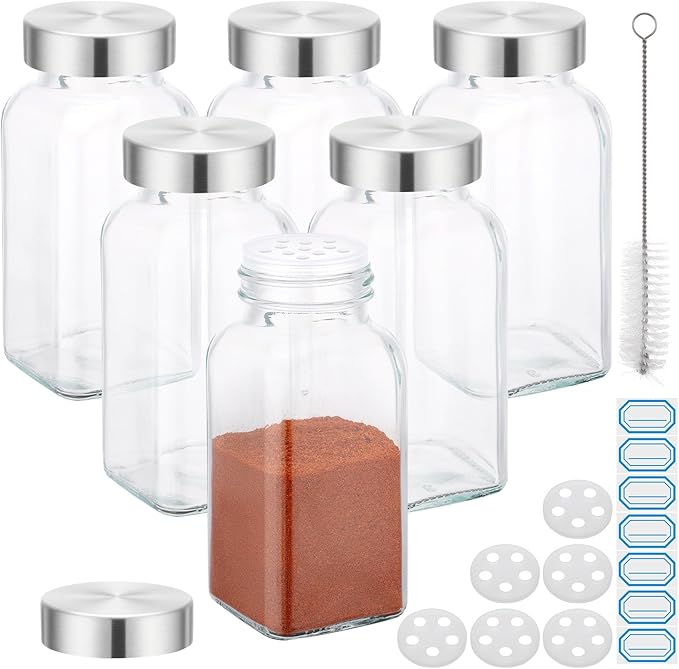 Segarty 6oz Spice Jar with with Wood Lids, 6 Pack 180ml Square Jars with Labels, Clear Empty Seasoning Containers Glass Cereal Containers Storage Set, Large Spice Bottles with 7 Stickers and 1 Brush