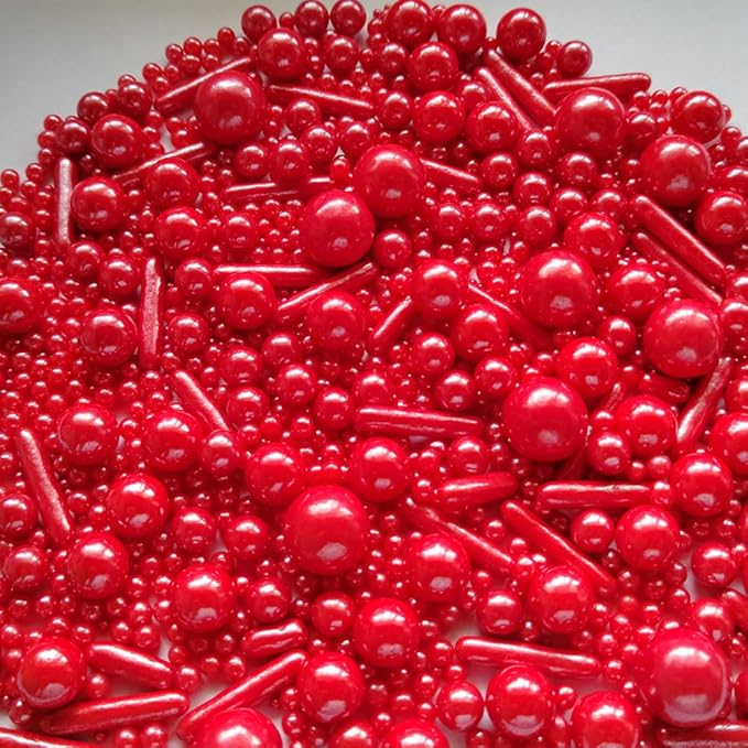 Edible Red Pearl Sugar Sprinkles Candy Mix Size Baking Edible Cake Decorations Cupcake Toppers Cookie Decorating Wedding Party Valentine Halloween Christmas Supplies 100g/3.53oz