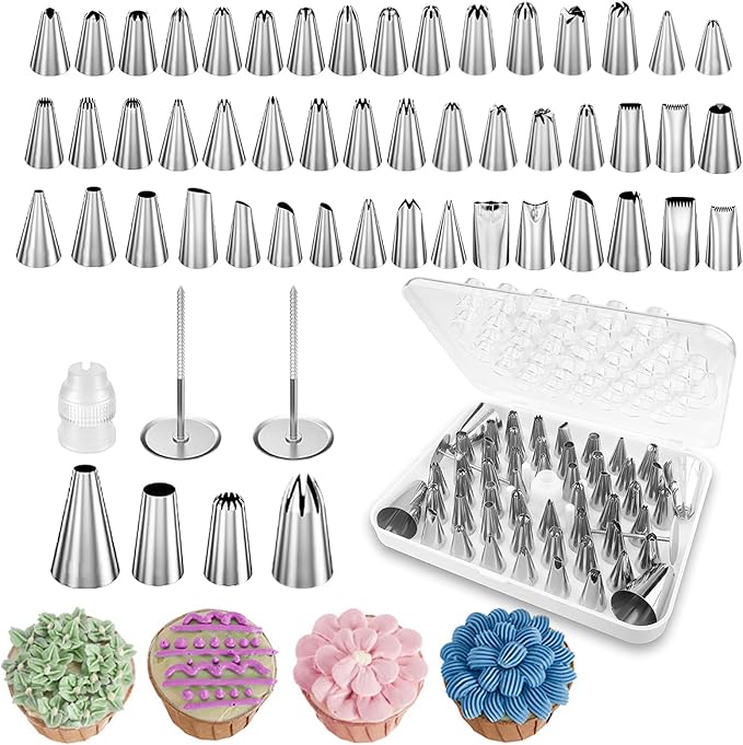 Suuker Piping Tips Set, 55 Pieces Cake Decorating Supplies Kits with 4 Large Icing Tips, 48 Standard Frosting Tips for Cake Decorating, Cupcakes with Storage Box