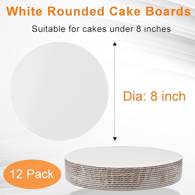 8 Inch White Round Cake Boards - Circle Cardboard Base, Sturdy Corrugated, Disposable Plates 12-Pack