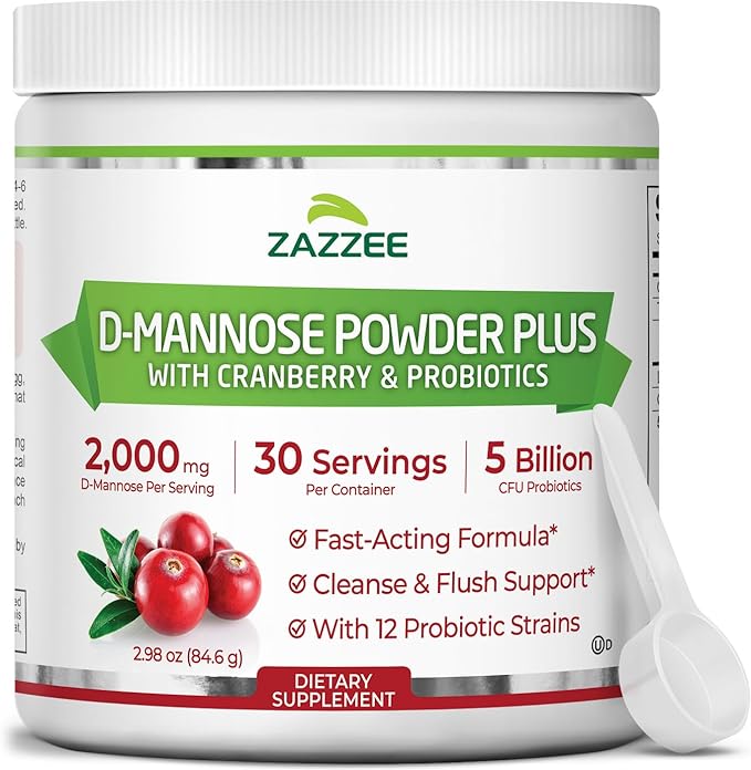 Zazzee D-Mannose Powder Plus, 2000 mg, 30 Servings, Potent & Fast-Acting, Plus 5 Billion CFU Probiotics and Pure Cranberry Juice Extract, Kosher, Free Scoop, 2.98 Oz, Gluten-Free, Non-GMO, All-Natural
