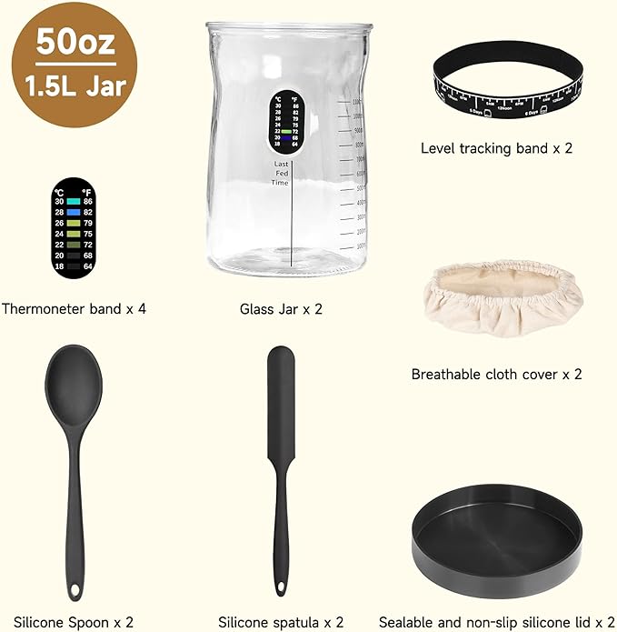 Sourdough Starter Kit -50 Oz Wide Bore and Large Capacity Sourdough Starter Jar，Thermometer, Feeding Band- Perfect Sourdough Bread Baking Supplies, Baking Gifts(2 Jar)