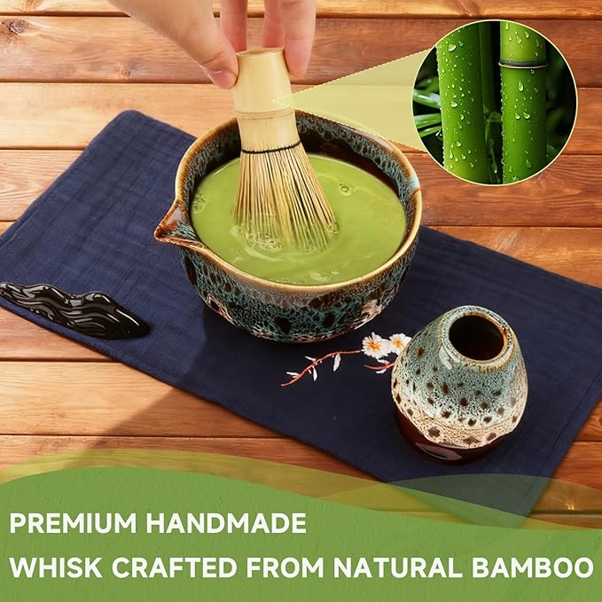 7-Pcs Matcha Whisk Set, Ceramic Matcha Set, Includes Matcha Bowl, Matcha Whisk, Chasen Holder, Bamboo Scoop, Scoop Rest, Stainless Sifter, Tea Towel, Matcha Kit for Matcha Tea Ceremony