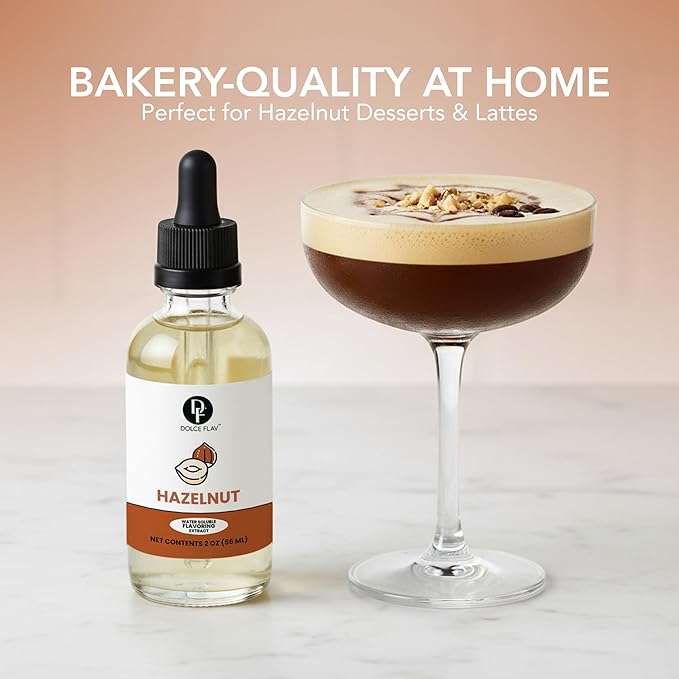 Dolce Flav Natural Hazelnut Extract – 2 Ounce Water-Soluble Kosher, Sugar-Free, Concentrated Toasted Hazelnut Flavoring for Coffee, Baking & Desserts, Includes Measured Dropper