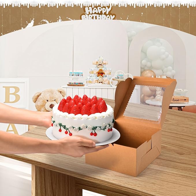 32Pcs 10 Inch Cake Boxes with Cake Boards (16Pcs Brown Cake Boxes, 16Pcs Cake Boards), 10x10x5 Inch Bakery Boxes with Window, Cake Carrier Container for Birthday Party, Wedding