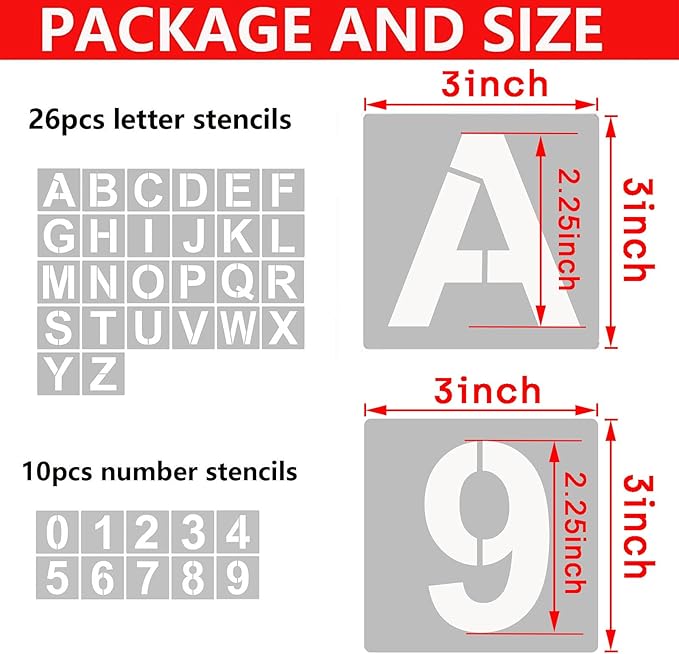 YEAJON 3 Inch Letter Stencils and Numbers, 36 Pcs Alphabet Art Craft Stencils, Reusable Plastic Templates for Wood, Wall, Fabric, Rock, Signage, DIY Art Projects
