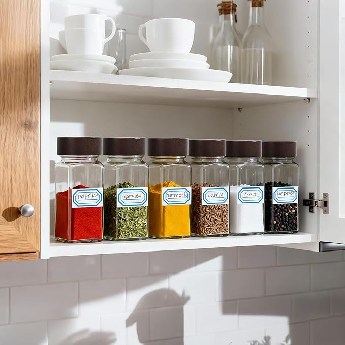 Segarty 4oz Spice Organizer Jar with Wood Lids, 6 Pack 120ml Empty Square Spices Condiments Shakers, Clear Glass Seasoning Containers Cereal Storage Set, Small Spice Bottle with 7 Stickers, 1 Brush