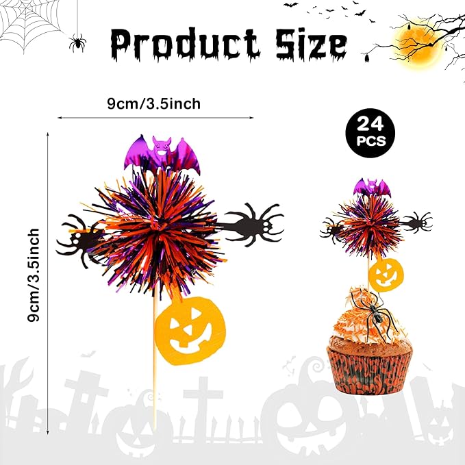 24pcs Halloween Foil Firework Cupcake Toppers Happy Halloween Theme Cupcake Picks Decoration Cocktail Fruit Toothpick for Fall Party