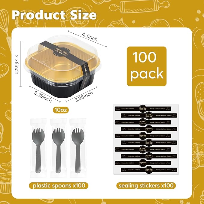 Ruckae 10oz 100 Pcs Square Mini Loaf Pans with Lids-Disposable Foil Dessert Containers,Mini Cake Pans with Lids,Aluminum Dessert Cups for Parties and Weddings (Black Gold, 10oz)