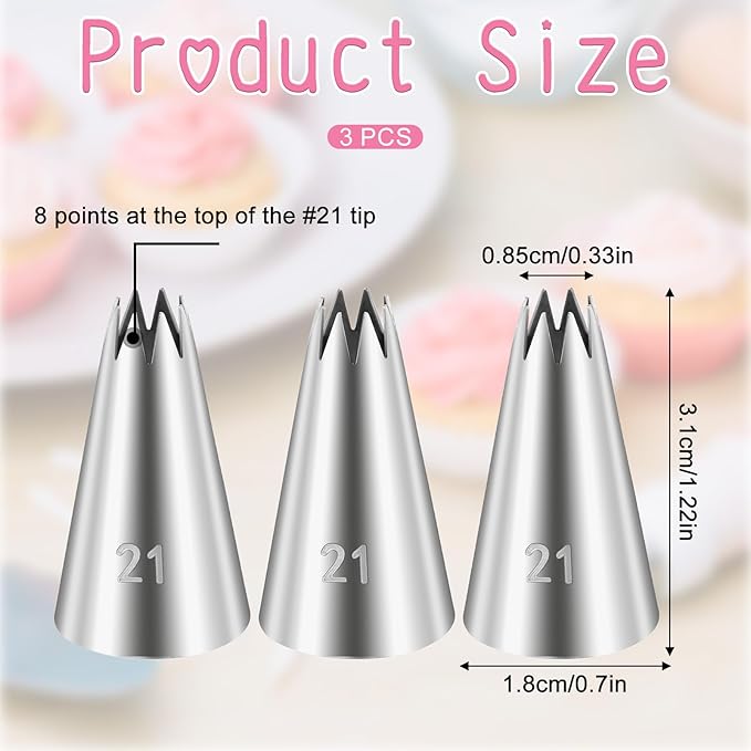 3 Pcs Open Star Cake Decorating Tip #21, Icing Piping Tip for Frosting, Open Star Icing Tips for Cake Decorating