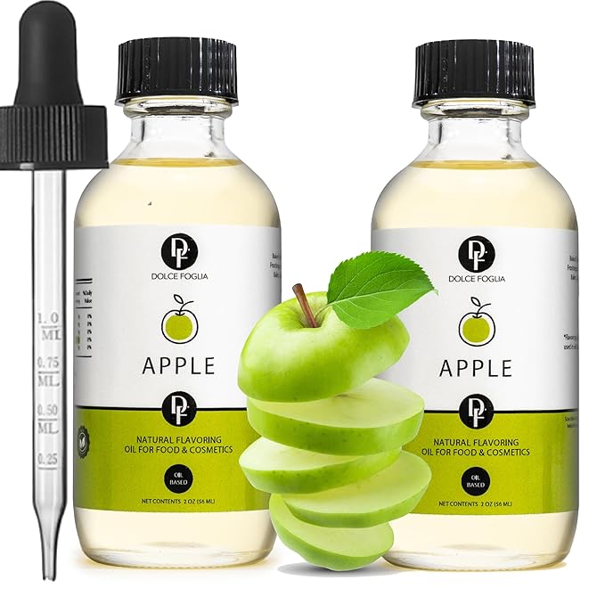 Dolce Flav Apple Extract – 2 Ounce Oil-Soluble Kosher, Sugar-Free, Concentrated Crisp Apple Flavoring for Baking, Chocolates & Desserts, Includes Measured Dropper, Pack of 2
