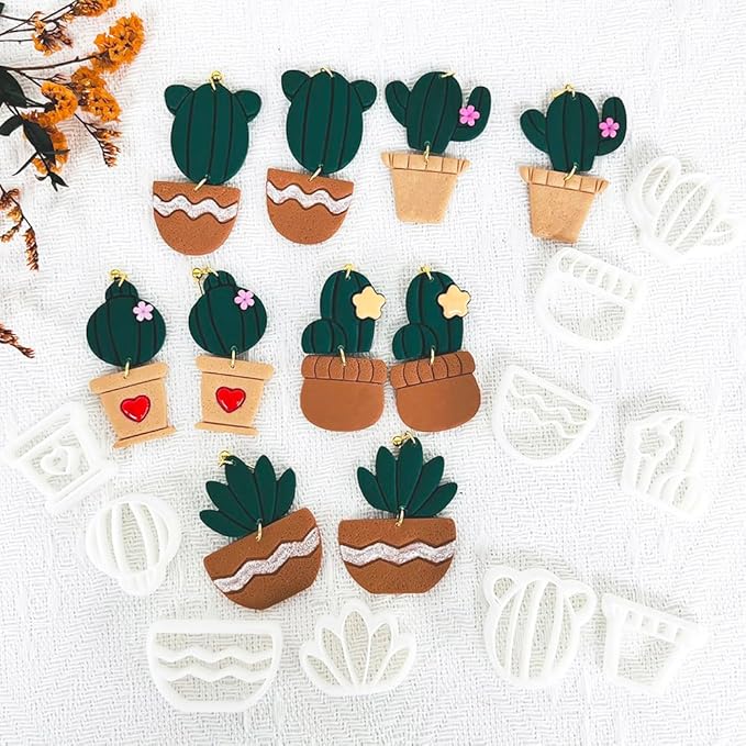 Xaekicr Cactus Polymer Clay Cutters – 10 Pcs Plant and Pot Clay Cutters Set for Earrings and DIY Crafts, Polymer Clay Tools for Jewelry Making