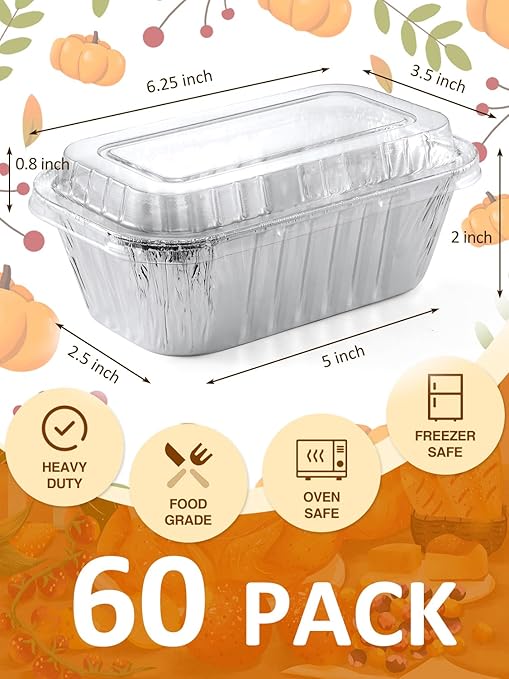 60 Pack 6x3.5x2 Disposable Aluminum Loaf Pans with Lids Small-Aluminum-Foil-Pans-Tin-Foil-Baking-Pans-Tin-Trays-Food-Containers-for-Baking-Cakes-Bread-Meat-Loaves