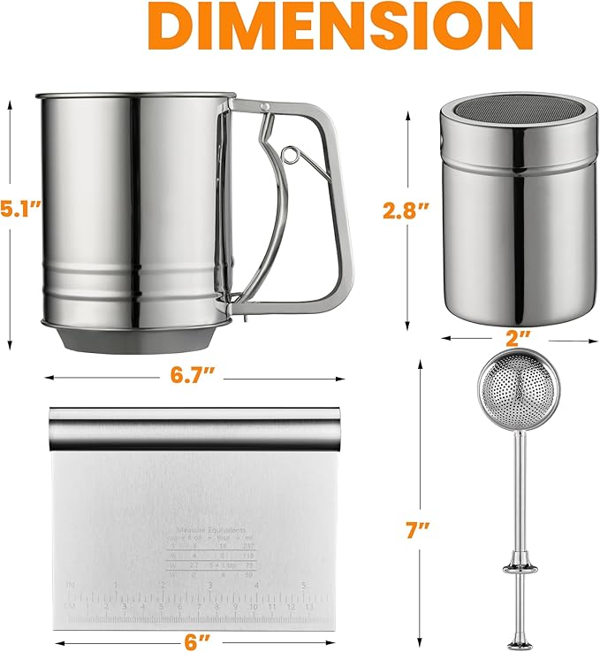 PIQUEBAR Flour Sifter - Fine Mesh Sifter Stainless Steel with Wire Loop for Baking,Flour Shaker Duster,Powdered Sugar Duster,Dough Cutter 4 in 1 Set (3 Cup)