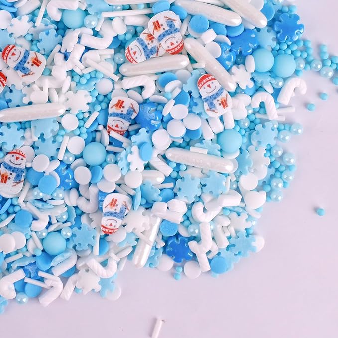 Christmas Sprinkles Winter Holiday Snowflake Sprinkles for Cake Decorating Edible Blue White Sprinkle Snowman Frozen Sprinkle Pearls Sugar Jimmies Mix for Cookie Baking Cake Decoration 3.5 Oz