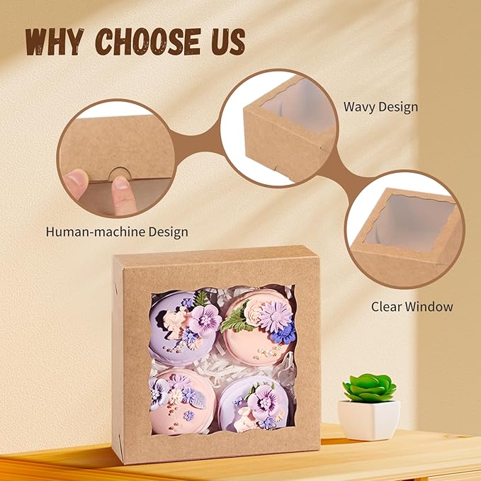 100 Pcs 5x5x2Inches Boxes for Baked Goods Bakery Boxes with Window for Treat, Cake, Cinamon Rool,Cookies,Chocolate Covered Strawberries & 5inch Favor Box Candy Gift Packing