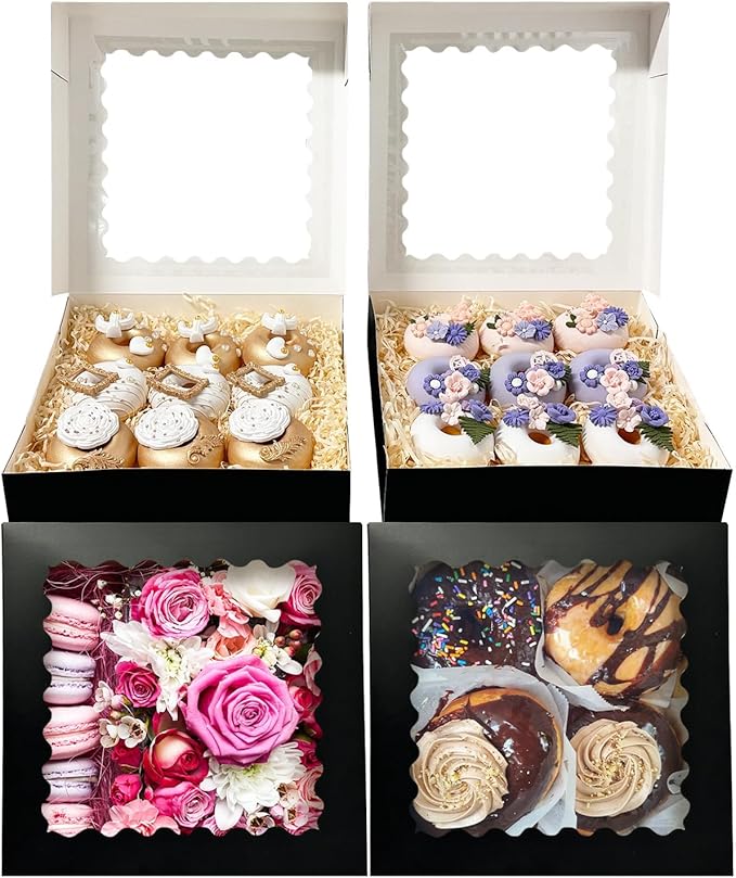 Bakepacker 55pcs Black Pie Boxes 8x8x2.5 inches Easy Assemble Macaroon Cookie Boxes Bakery Boxes with Window for Bakery (Auto-pop Up)
